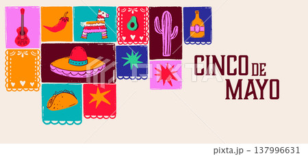 Cinco de Mayo Mexican holiday celebration background with hand-drawn decorative elements, symbols 137996631