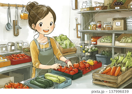 働く女性シリーズ：バックヤードで野菜を並べる女性スタッフ｜スーパーの品出し作業イメージ 137996839