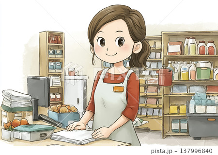 働く女性シリーズ：エプロン姿で立つ女性スタッフ｜スーパーの仕事準備イメージ 137996840