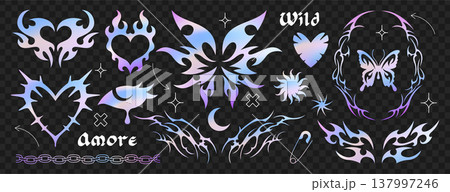Y2k gothic tattoo stickers, neo tribal holographic elements in trendy emo style 137997246