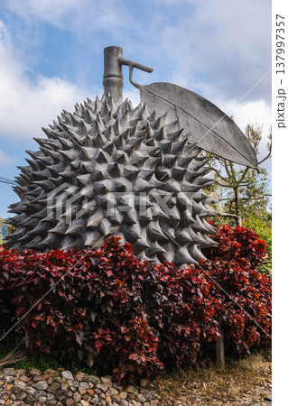 Giant durian monument sculpture surrounded by red tropical plants 137997357