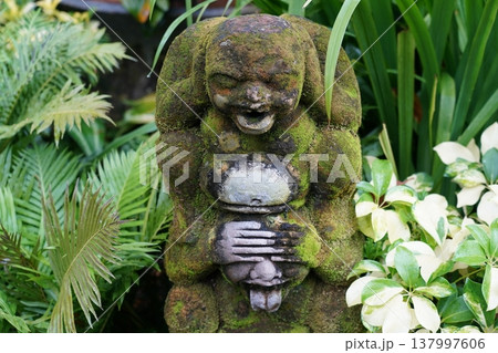 Moss Covered Statue in Lush Green Garden Setting Moss Covered Statue in Lush Green Garden Setting 137997606