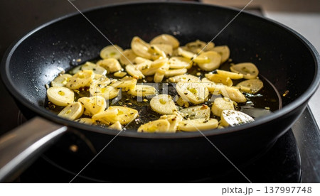 オリーブオイルで香ばしく炒めるにんにく 137997748