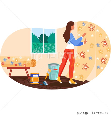 Woman glue wallpaper roll at home vector cartoon 137998245