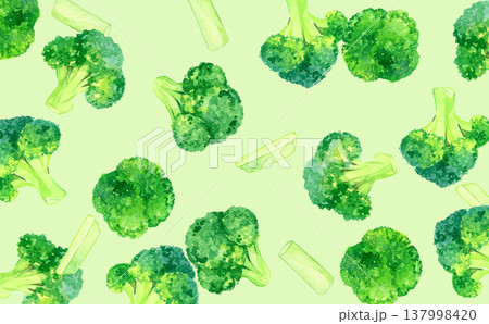 カットしたブロッコリーの背景　野菜の手描き水彩イラスト素材 137998420