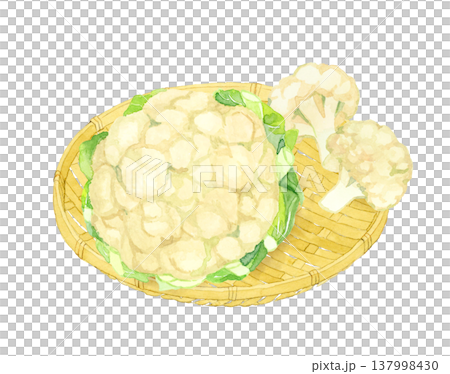 竹ざるに乗ったカリフラワー 野菜の手描き水彩イラスト素材 竹ざるに乗ったカリフラワー 野菜の手描き水彩イラスト素材 137998430
