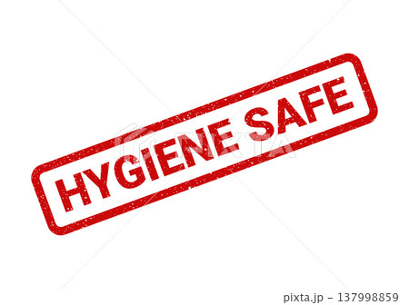 Official red grunge rubber stamp text indicating a verified hygiene safe status for various operations 137998859