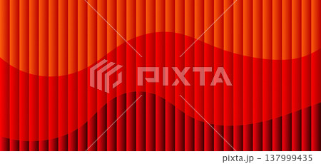 Vibrant red orange ribbed glass texture with glossy vertical waves. 137999435