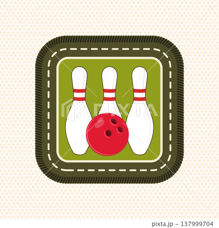 Bowling badge with ball and pins, retro vintage sport emblem in stitched patch style for bowling club logo, branding and apparel design. Vector Bowling badge with ball and pins, retro vintage sport emblem in stitched patch style for bowling club logo, branding and apparel design. Vector 137999704