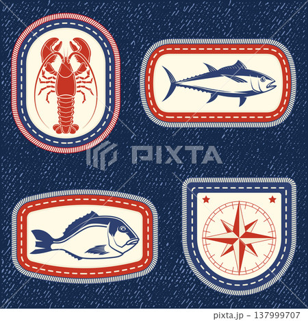 Collection of nautical badges featuring lobster, tuna, fish and compass symbol. Vector. Vintage marine style patches with stitched borders on textured background. Suitable for seafood branding Collection of nautical badges featuring lobster, tuna, fish and compass symbol. Vector. Vintage marine style patches with stitched borders on textured background. Suitable for seafood branding 137999707