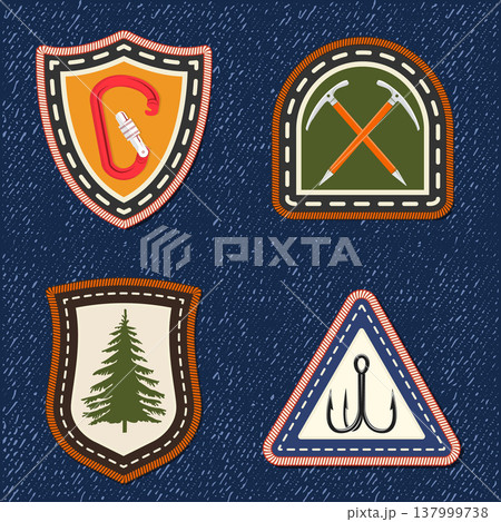 Scout badge with Red climbing carabiner, triple fishing hook, mountain climbing ice tools, pine tree. Vector. Merit patch, sticker for camping outdoor and academic activities. For scouting groups Scout badge with Red climbing carabiner, triple fishing hook, mountain climbing ice tools, pine tree. Vector. Merit patch, sticker for camping outdoor and academic activities. For scouting groups 137999738