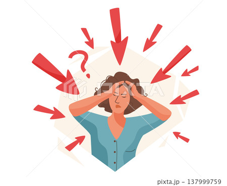 Overwhelmed by misinformation vector illustration. Stressed woman with multiple arrows pointing at his head. Confusion and information overload from fake news, social media. Panic attack Overwhelmed by misinformation vector illustration. Stressed woman with multiple arrows pointing at his head. Confusion and information overload from fake news, social media. Panic attack 137999759
