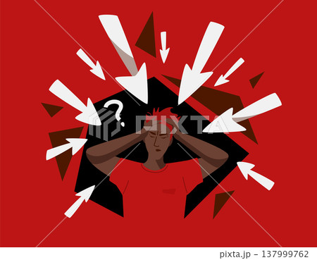 Misinformation vector illustration, Stressed man with multiple arrows pointing at his head. Confusion, information pressure, information overload from fake news on a red background Misinformation vector illustration, Stressed man with multiple arrows pointing at his head. Confusion, information pressure, information overload from fake news on a red background 137999762