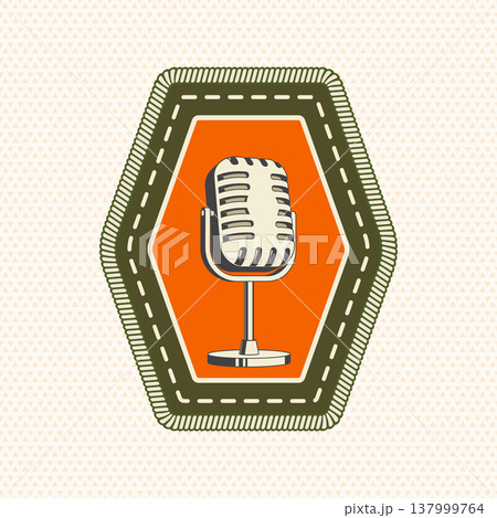 Scout badge with retro microphone. Vector. Merit patch, sticker for camping outdoor and academic activities. Perfect for scouting groups, camping events, bike clubs, outdoor apparel, stickers Scout badge with retro microphone. Vector. Merit patch, sticker for camping outdoor and academic activities. Perfect for scouting groups, camping events, bike clubs, outdoor apparel, stickers 137999764