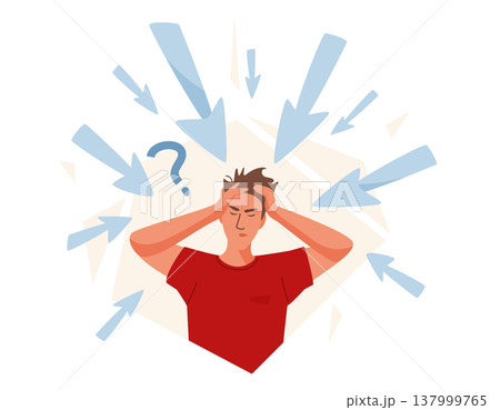Overwhelmed by misinformation vector illustration. Stressed man with multiple arrows pointing at his head. Confusion and information overload from fake news 137999765
