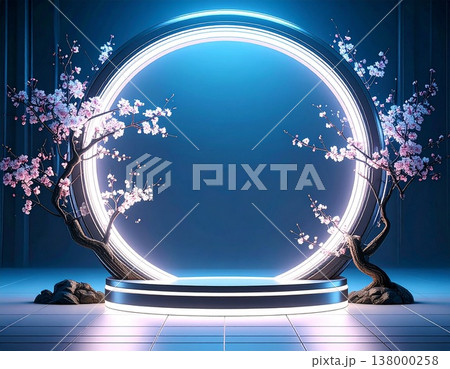 ネオンが輝く円形ゲートと桜 138000258