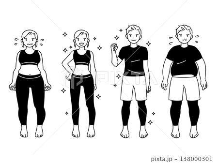 ダイエット・痩せた男性と女性のイラスト　ビフォーアフター 138000301