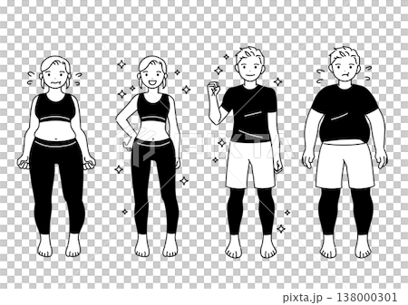 ダイエット・痩せた男性と女性のイラスト　ビフォーアフター 138000301
