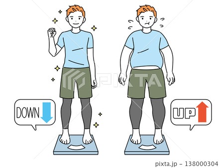 ダイエット・痩せた男性が体重計に乗るイラスト　ビフォーアフター 138000304