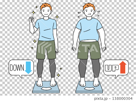 一位減肥成功男士站上體重計的插圖：減肥前後對比 138000304