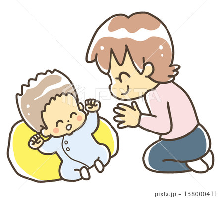 剛毛な赤ちゃんをあやす女性 138000411
