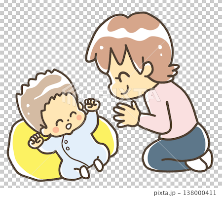 剛毛な赤ちゃんをあやす女性 138000411
