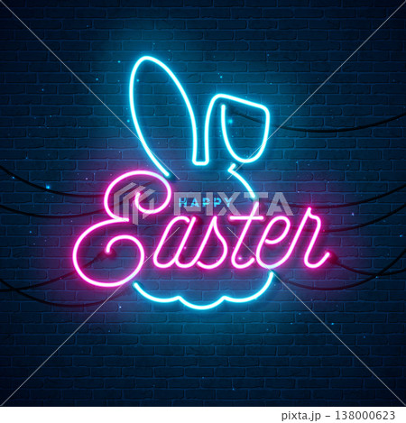 Happy Easter Illustration with Glowing Neon Light Bunny Symbol and Typography Lettering on Vintage Brick Wall Background. Vector Easter Day Holiday Design for Flyer, Greeting Card, Banner, Holiday Happy Easter Illustration with Glowing Neon Light Bunny Symbol and Typography Lettering on Vintage Brick Wall Background. Vector Easter Day Holiday Design for Flyer, Greeting Card, Banner, Holiday 138000623