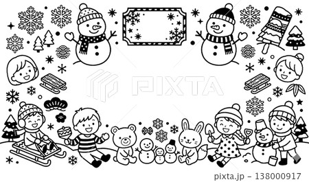 冬：雪遊び（雪だるま、そり、雪の結晶、子ども）（2月） 138000917