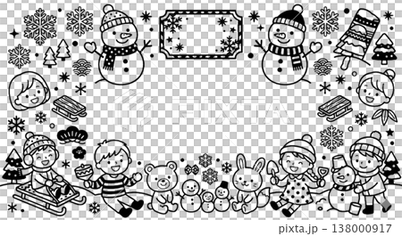 冬：雪遊び（雪だるま、そり、雪の結晶、子ども）（2月） 138000917