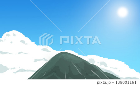 入道雲と山と太陽の横長背景イラスト 入道雲と山と太陽の横長背景イラスト 138001161