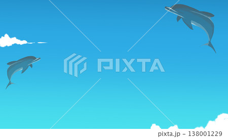 青空と飛ぶイルカの横長背景イラスト 138001229