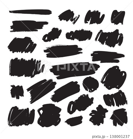 Collection of black ink brush strokes and rough paint marks. Abstract grunge shapes isolated on white Collection of black ink brush strokes and rough paint marks. Abstract grunge shapes isolated on white 138001237
