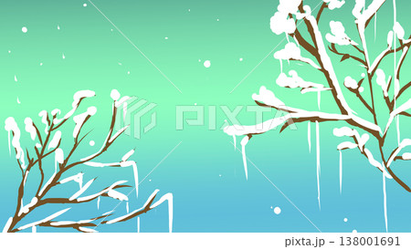 雪の降る冬の夜空と雪が積もった枝の横長風景イラスト 138001691
