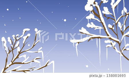 雪の降る冬の夜空と雪化粧した木の枝の横長背景イラスト 雪の降る冬の夜空と雪化粧した木の枝の横長背景イラスト 138001693