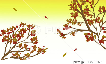 朝焼けに舞い散る紅葉の秋の横長風景イラスト 朝焼けに舞い散る紅葉の秋の横長風景イラスト 138001696