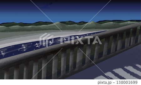 夜の橋の上から見た川と山の横長風景イラスト 138001699