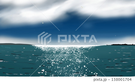 月明かりに照らされた海と雲の幻想的な横長背景イラスト 138001704
