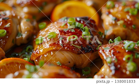 Close up of asian orange chicken glazed in vibrant sauce, garnished with fresh green onions 138001833