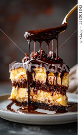 Stunning boston cream pie with layers of cake and pastry cream, topped with chocolate ganache Stunning boston cream pie with layers of cake and pastry cream, topped with chocolate ganache 138001842