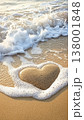 Close up of a pebble heart on a serene beach, embraced by soft sands and gentle waves 138001848