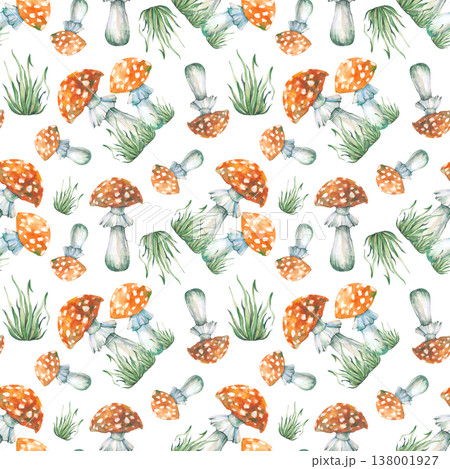 Seamless pattern with red fly agaric and green grass on a white background. Watercolor illustration with poisonous forest mushrooms. Seamless background for a fabulous or childish design. 138001927