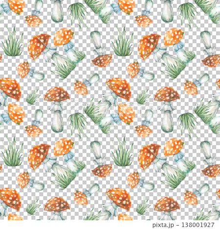 Seamless pattern with red fly agaric and green grass on a white background. Watercolor illustration with poisonous forest mushrooms. Seamless background for a fabulous or childish design. 138001927