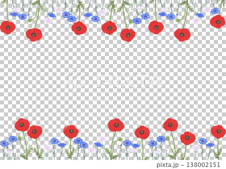 矢車菊とポピーの花フレーム（上下装飾）｜春夏のナチュラルベクター枠素材（透過） 138002151