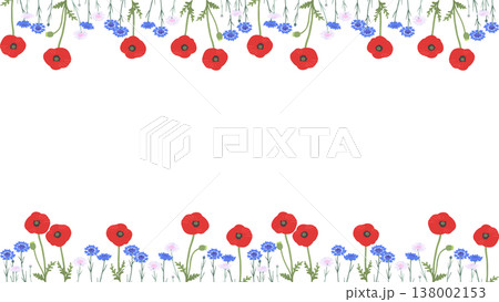 矢車菊とポピーの花フレーム（上下装飾）｜春夏のナチュラルベクター枠素材（透過） 138002153