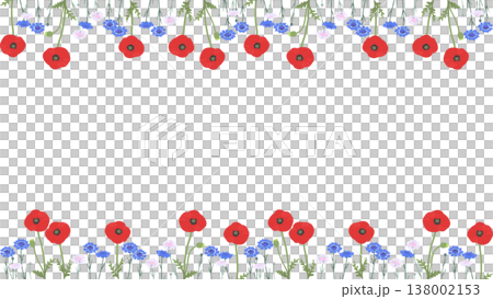矢車菊とポピーの花フレーム（上下装飾）｜春夏のナチュラルベクター枠素材（透過） 138002153