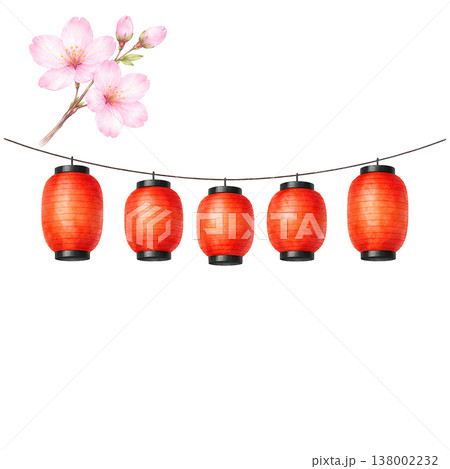 提灯と桜のあしらい素材 春の和風イベント装飾 白背景 提灯と桜のあしらい素材 春の和風イベント装飾 白背景 138002232
