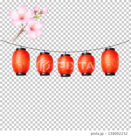 提灯と桜のあしらい素材 春の和風イベント装飾 白背景 提灯と桜のあしらい素材 春の和風イベント装飾 白背景 138002232