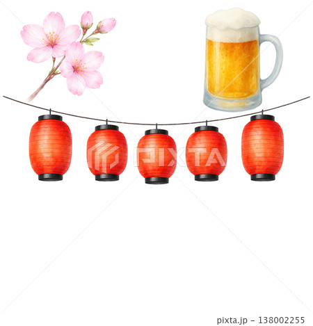 提灯と桜とビールのシンプル素材 春の祭りイメージ 花見イベント 白背景 提灯と桜とビールのシンプル素材 春の祭りイメージ 花見イベント 白背景 138002255