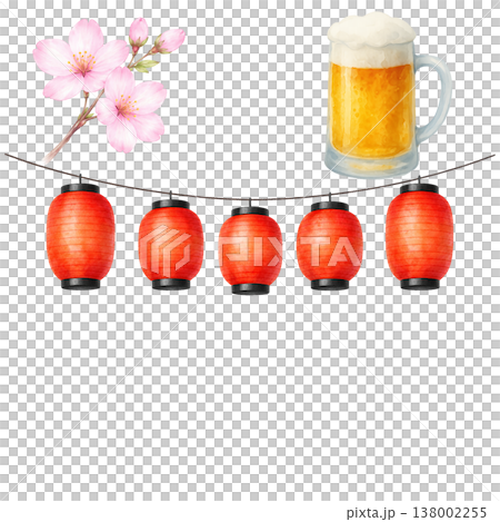 提灯と桜とビールのシンプル素材 春の祭りイメージ 花見イベント 白背景 提灯と桜とビールのシンプル素材 春の祭りイメージ 花見イベント 白背景 138002255