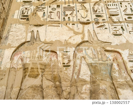 Beautiful bas-reliefs and ancient hieroglyphs from the mortuary temple of Ramesses III at Medinet Habu, Luxor, Egypt. Beautiful bas-reliefs and ancient hieroglyphs from the mortuary temple of Ramesses III at Medinet Habu, Luxor, Egypt. 138002557